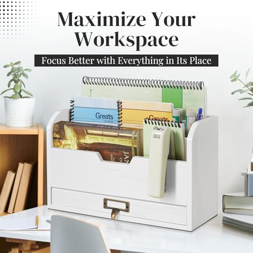 Flexzion Wood Desk Organizer, 3-Tier Mail Organizer with Drawer - Image 3