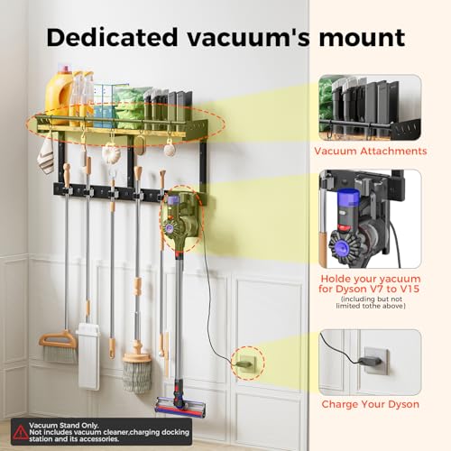 Broom Holder Wall Mount with Shelf, Black, L - Image 6