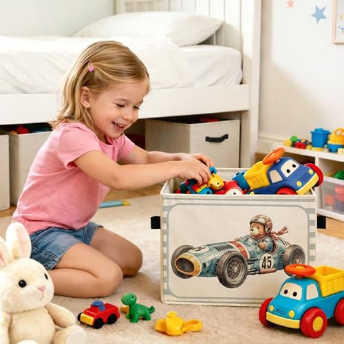Race Car Bear Storage Bin, Blue Gray Stripe Foldable Fabric - Image 7
