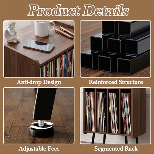 Record Player Stand with 4 Cabinets, Walnut - Image 5