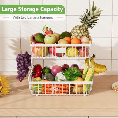 2 Tier Fruit Basket for Kitchen Counter with 2 Banana Hangers - Image 3