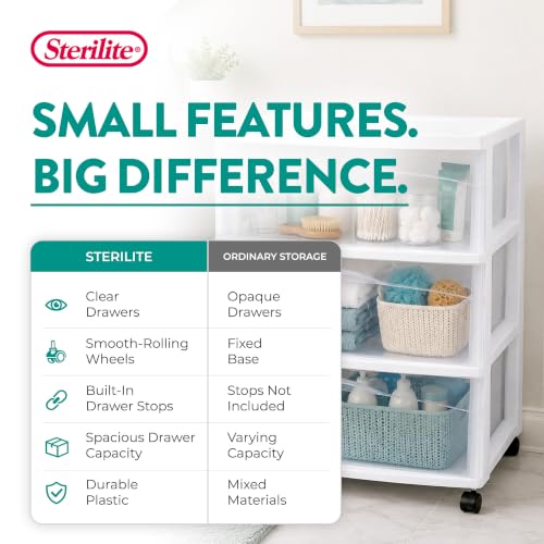 Sterilite Wide 3 Drawer Storage Cart Plastic Rolling - Image 7