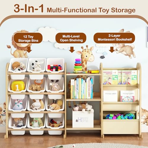 Toy Storage Organizer with 3 Shelves &12 White Bins, Kids Bin - Image 7