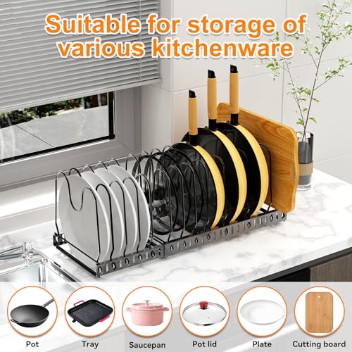 Pot and Pan Organizer Rack for Cabinet, 3 Expandable Pot Lid - Image 6