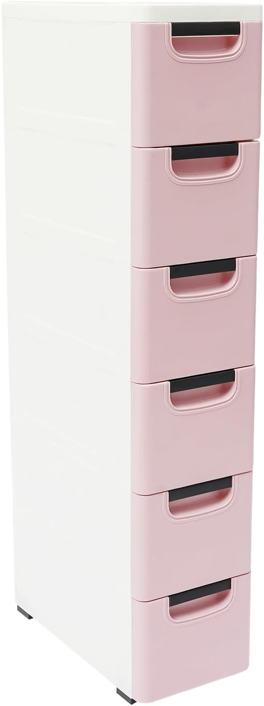 6 Drawers Plastic Storage Cabinet, Mobile Slim Utility Cart on Wheels, for Narrow Space Office Classroom Bedroom Bathroom (Pink)