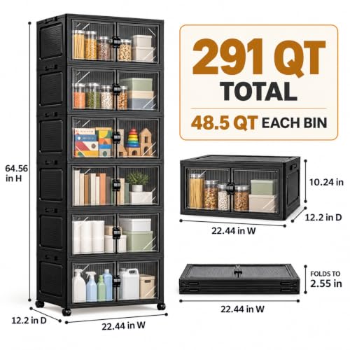 291QT Foldable Storage Cabinet with Wheels & Lid, 6-Tier Black - Image 4
