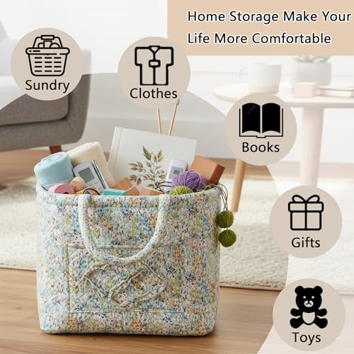 Quilted Fabric Storage Basket with Handles & Pocket - Image 6