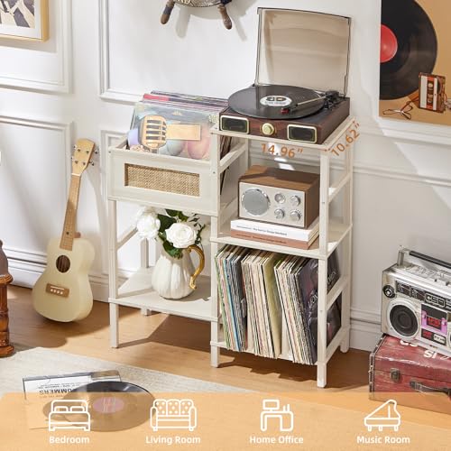LELELINKY Record Player Stand, White Cream Oak Wood Record - Image 7