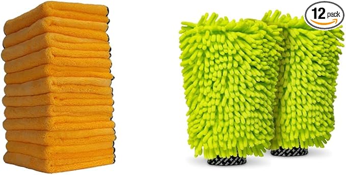 Chemical Guys Premium Microfiber Towels (16 Inch x 16 Inch) (Pack of 12) and Chenille Premium Scratch-Free Microfiber Wash Mitt (2 Pack)