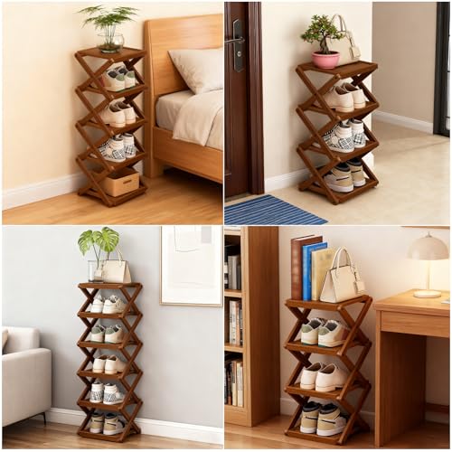 YYW Flat Bamboo Shoe Rack for Entryway, Save Space Folding Narrow - Image 7
