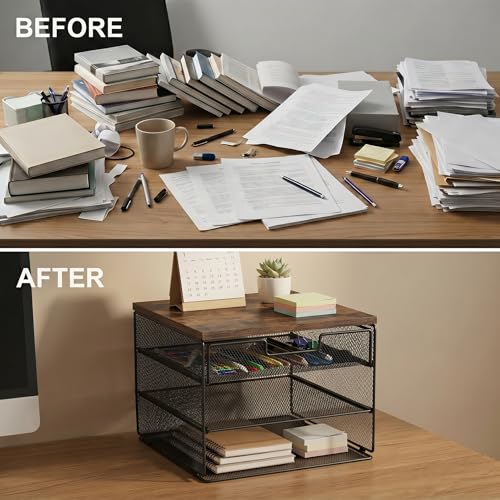 4-Tier Desk Organizer with Drawer Wood Top Paper Tray File - Image 6