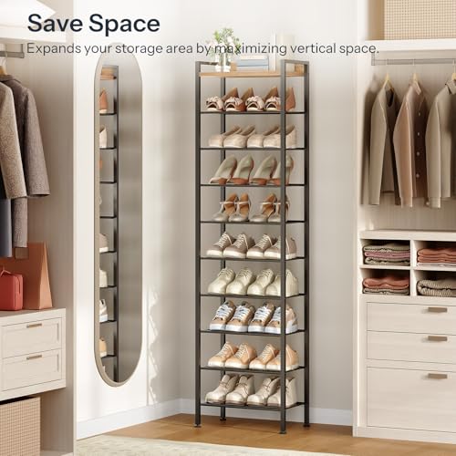 HOOBRO 10 Tier Shoe Rack Organizer with Wooden Top, Narrow Shoe - Image 6