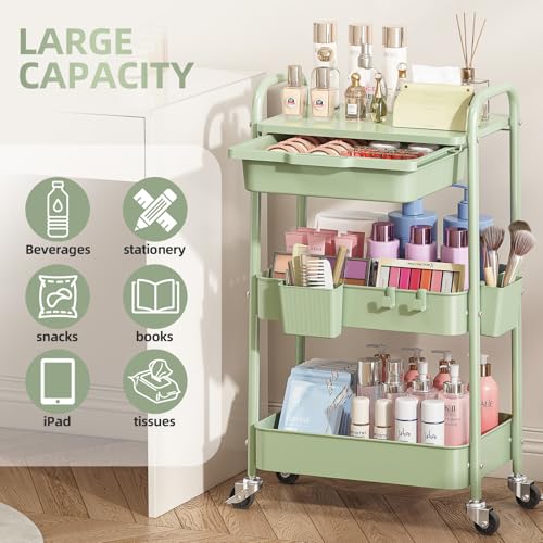 KINGRACK 3 Tier Metal Rolling Cart with Drawer, Green Utility - Image 6