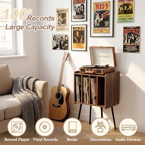 Record Player Stand with 4 Cabinets, Walnut - Image 6