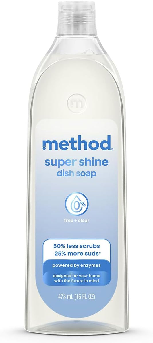 Method Super Shine Liquid Dish Soap, Powered by Enzymes, Free + Clear, Unscented, 16 fl oz