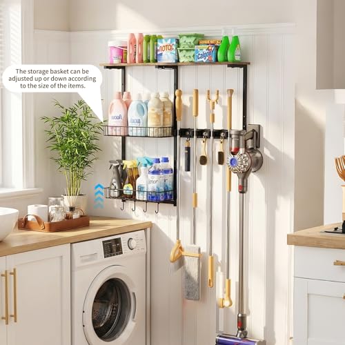 Broom Holder Wall Mount，With A Storage Basket Cleaning - Image 3