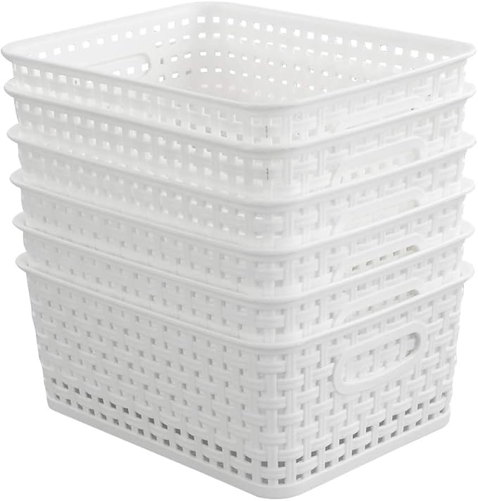 6-Pack White Plastic Small Storage Baskets, 10" x 7.7" x 4"