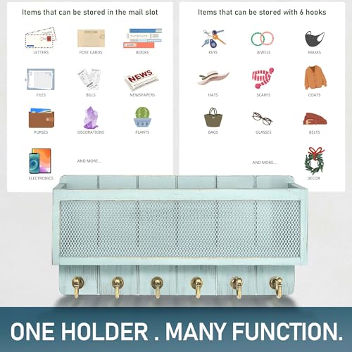 Key Holder Wall Mount with Mail Basket for Home Decor, Blue - Image 5