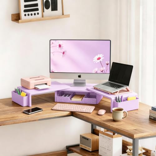 Dual Monitor Stand Riser with Drawer and 2 Pen Holders, Purple - Image 3