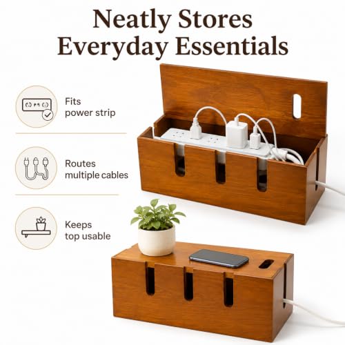 Acacia Wooden Cable Management Box, 12" Cord Hider | Home Organization - Image 4