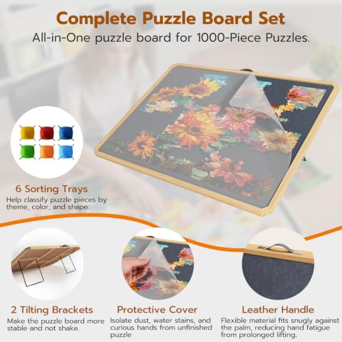 1000 Pcs Puzzle Board with Tilting Stand, 6 Sorting Trays & Cover - Image 4