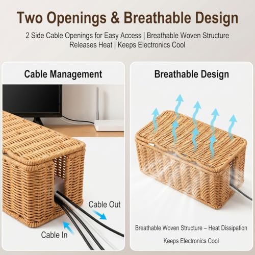 Cable Management Box, Handmade Scalloped Rattan Cable Organizer - Image 5