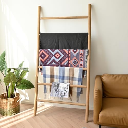 FUIN Blanket Ladder, 38in Wide Solid Wood Rustic Decor Rack - Image 3