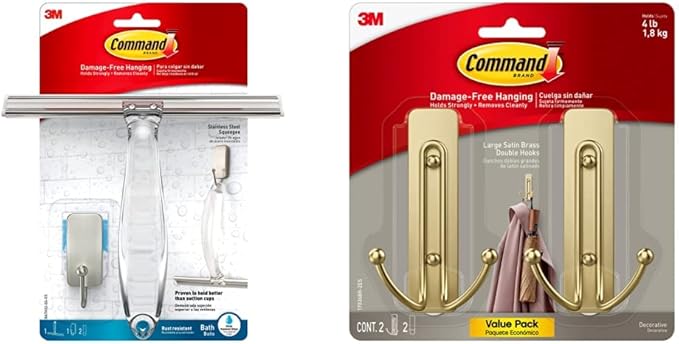 Command Bath Shower Small Water-Resistant Adhesive, Satin Nickel, 1 lb Capacity, 1 Squeegee & Large Wall Hooks, Damage Free Hanging Wall Hooks with Adhesive Strips, No Tools Double Wall Hooks