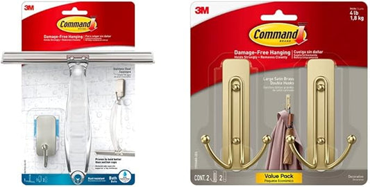 Command Bath Shower Small Water-Resistant Adhesive, Satin Nickel, 1 lb Capacity, 1 Squeegee & Large Wall Hooks, Damage Free Hanging Wall Hooks with Adhesive Strips, No Tools Double Wall Hooks