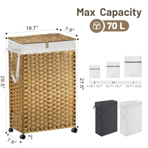 70L Slim Laundry Hamper with Lid & Wheels, 2-Park Rolling Laundry - Image 5