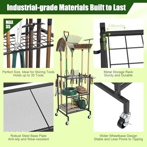 3 Tier Garden Tool Organizer with Wheels, Garden Tool Rack - Image 4