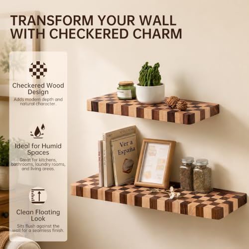 Floating Shelves for Wall, 16 Inch Solid Wood Checkered Wall - Image 7