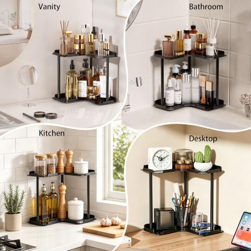 2 Tier Corner Bathroom Counter Organizer Storage Shelf, Black - Image 8