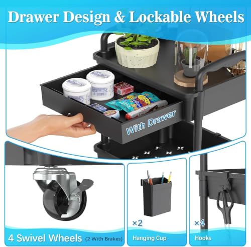 SUNALLY 3 Tier Rolling Cart with Drawer, Craft Storage Cart - Image 4