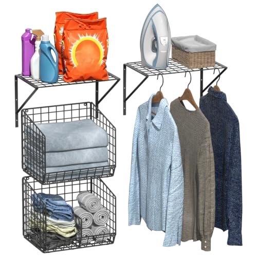 2 Pack Laundry Room Shelves with Wire Baskets, Over - Image 2