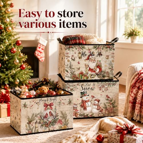 3 Pack Vintage Christmas Storage Bins with Lid Basket for Gifts - Image 4