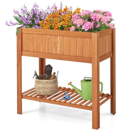 COSTWAY Raised Garden Bed, Wood Planter Box with Storage Shelf - Image 2