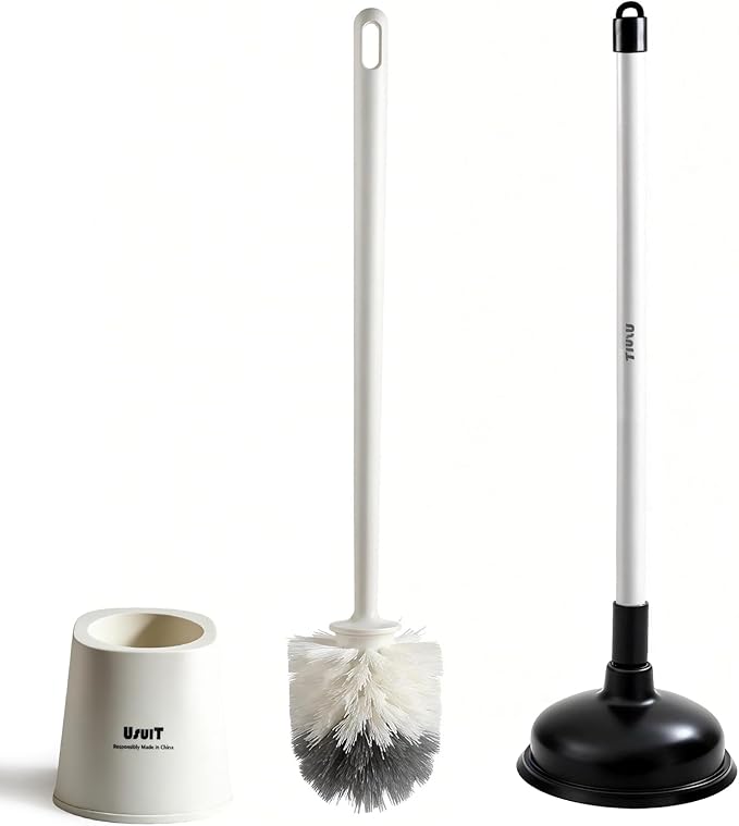 Toilet Brush with Plunger Set, Black, Plastic, 2 Piece Bathroom Cleaning Tool Kit with Holder