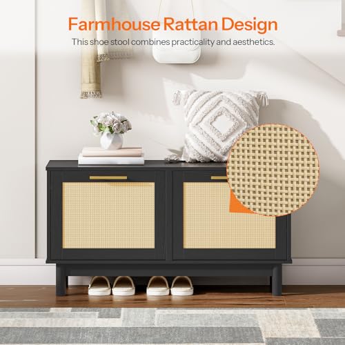 HOOBRO Rattan Shoe Storage Bench with Double Flip Drawers - Image 4