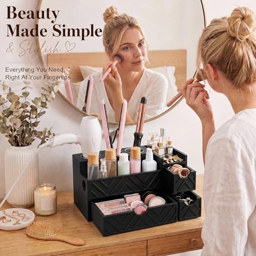 Hair Tool Organizer with 3 Drawer Wooden Blow Dryer Holder, Black - Image 7