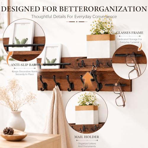 Wall Mount Wooden Coat Rack with Shelf, Entryway Key Hook - Image 4