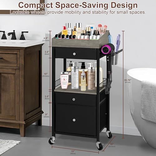 Makeup Organizer Cart, 3 Drawers, Rolling Storage, Black & Gray - Image 3