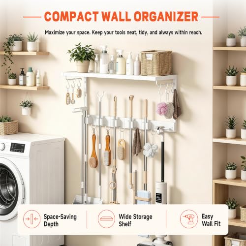 Mop and Broom Holder Wall Mount with Shelf, Heavy Duty - Image 6