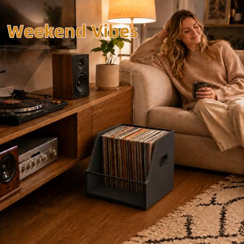 Vinyl Record Storage Crate for 60+ Records, Wooden Record Holder - Image 3