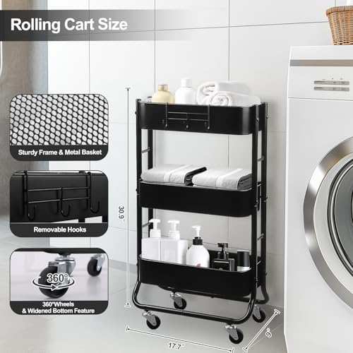 MAX Houser Slim 3-Tier Rolling Utility Cart with Extra Hook - Image 3