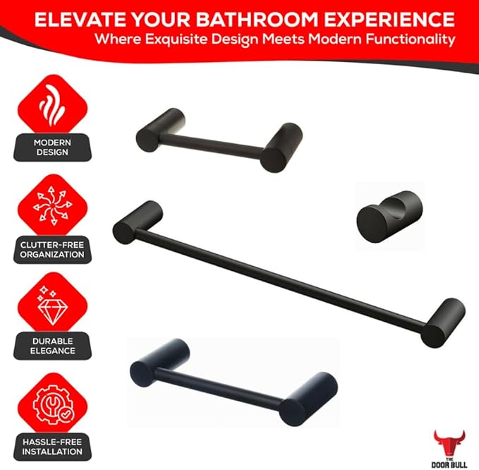 Contemporary Design 4-Piece Bathroom Hardware Accessory Set, Bathset 24 Inch Towel Bar, Hand Towel Bar, Toilet Paper Holder and Robe Hook, Rack Set Wall Mounted (Matte Black, 4 Piece Set)