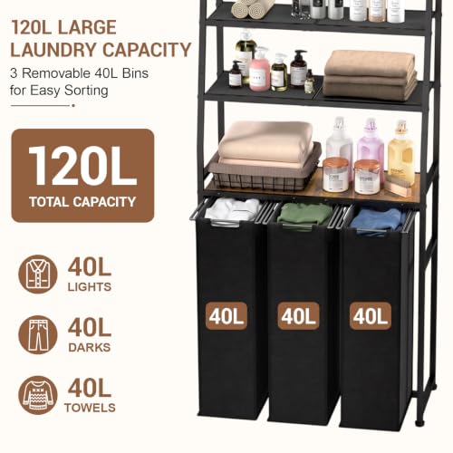 Laundry Hamper With Shelf, 3 Compartment Laundry Sorter - Image 4