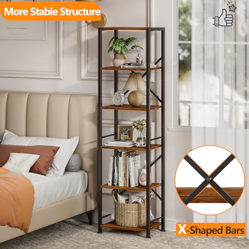 Furologee 6 Tier Bookshelf, Tall Narrow Bookcase, Rustic Brown - Image 5