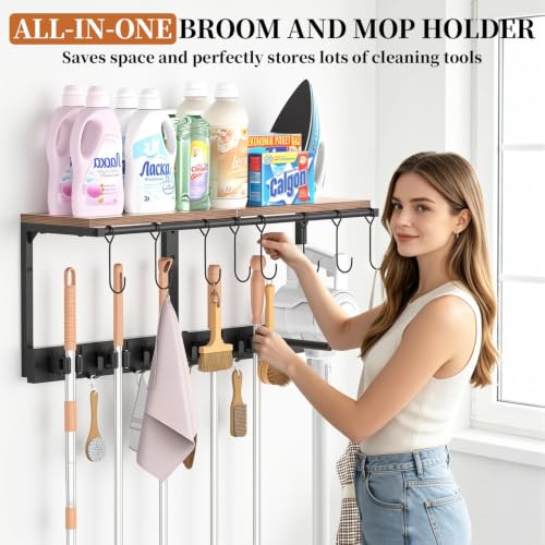 3-in-1 Broom Holder Wall Mount with Shelf, Mop Organizer - Image 4