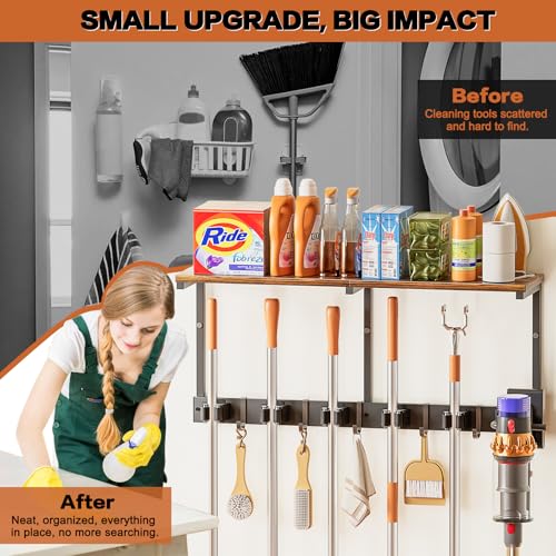 Broom Holder Wall Mount with Cleaning Supplies Organizer, Laundry - Image 5